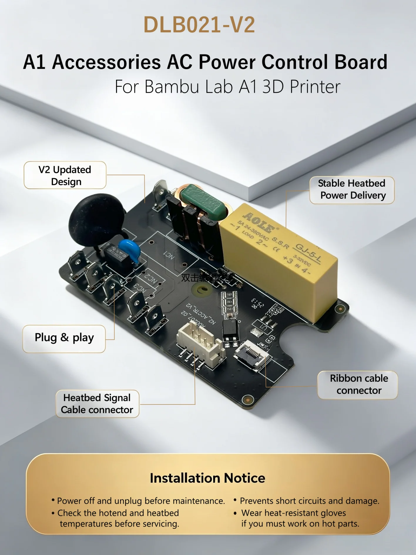 A1 Accessories AC Board - Replacement AC Power Board for Bambu Lab 3D Printer DLB021-V2A1 Series
