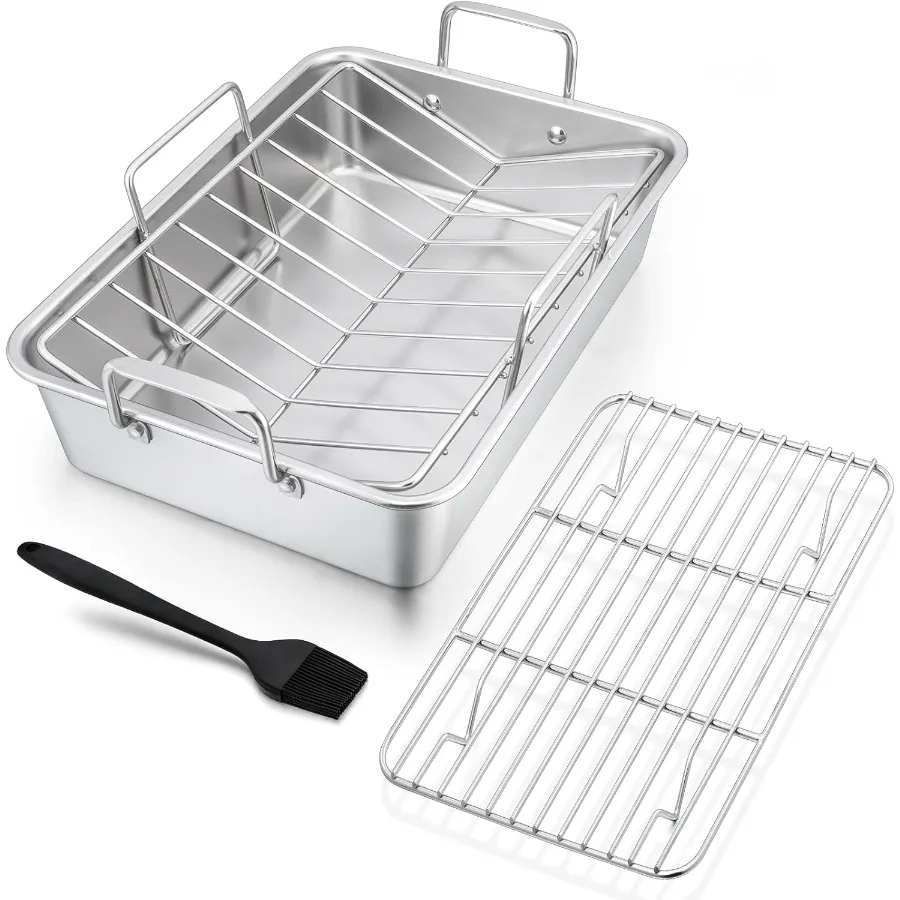 

Heavy Duty Stainless Steel Roasting Pan with VShaped Rack and Baking Rack 13.5Inch Lasagna Roaster Pan with 8Inch Basting Brush
