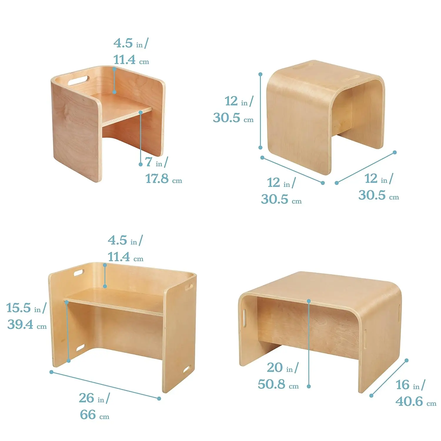 ECR4Kids-Ensemble de table et chaise polyvalentes en bois courbé, meubles naturels pour enfants, 3 pièces