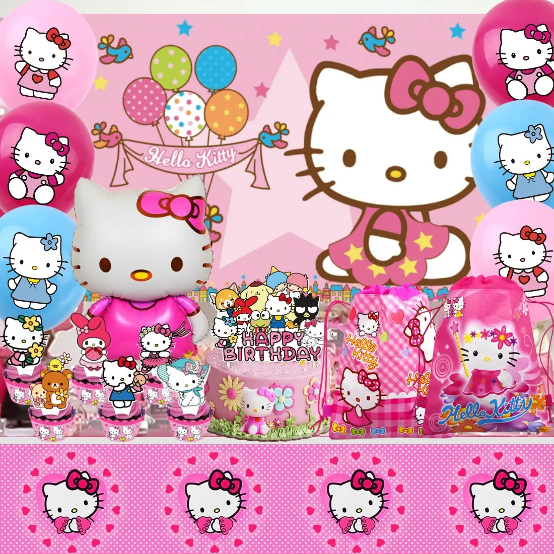 Hello Kitty Birthday Party Decorations Kitty White Balloons Disposable Tableware Backdrop For Kids Girl Party Supplies Toy Gifts