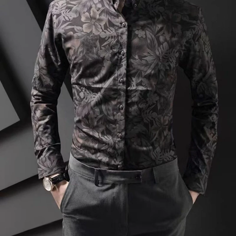 Business Man Tops Long Sleeve Dot with Print Shirts and Blouses for Men Floral Clothing S Asia Luxury Fashion 2024 Xxl Cool Silk