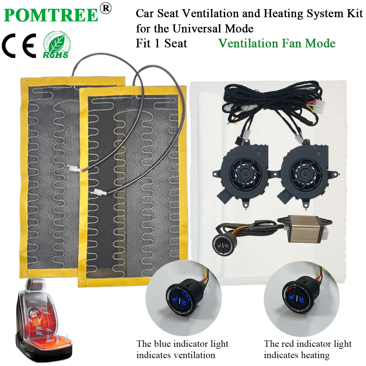 Universal Built-in Car Seat Ventilation And Heating Kit Fit 1 Seat,With 2 Heating Pads & 2 Fans For Available All Seasons