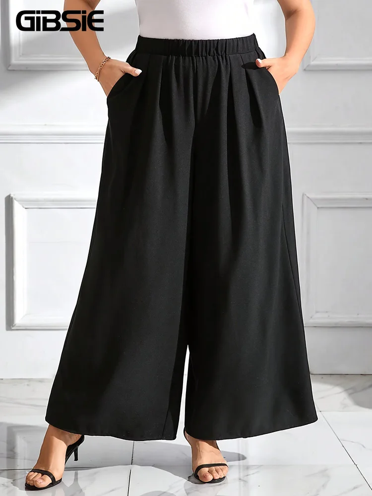 

GIBSIE Plus Size Elastic Waist Summer Wide-leg Pants Women Solid Color High Waist Loose Casual Black Trousers Ladies 3XL 4XL 5XL