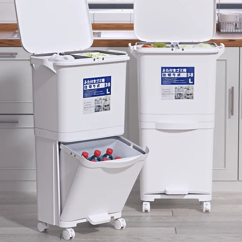 Convenient Garbage Bucket, Sorted Waste Bin with Wheel, Plastic Kitchen Trash Can, Corner Recycle Bin, Press Open Storage Bucket