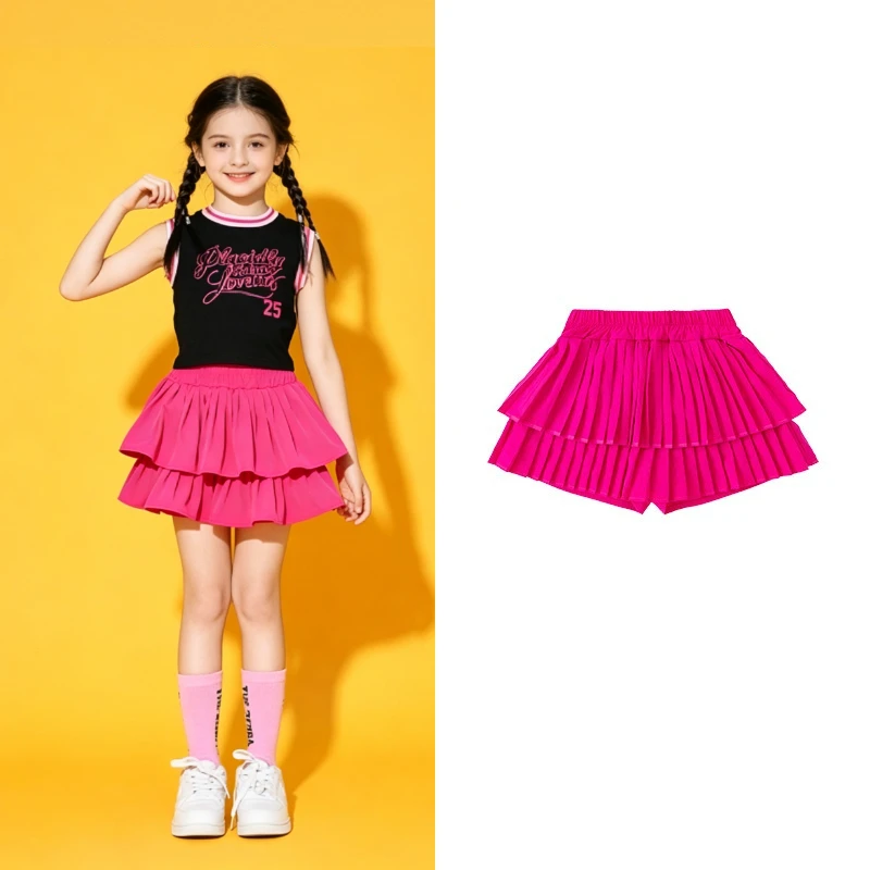 Kids Double Layer Ruffle Skirts Girls Elastic Waist Casual Skirt Children Dance Performance Sports Daily Wear Tiered Short Skirt