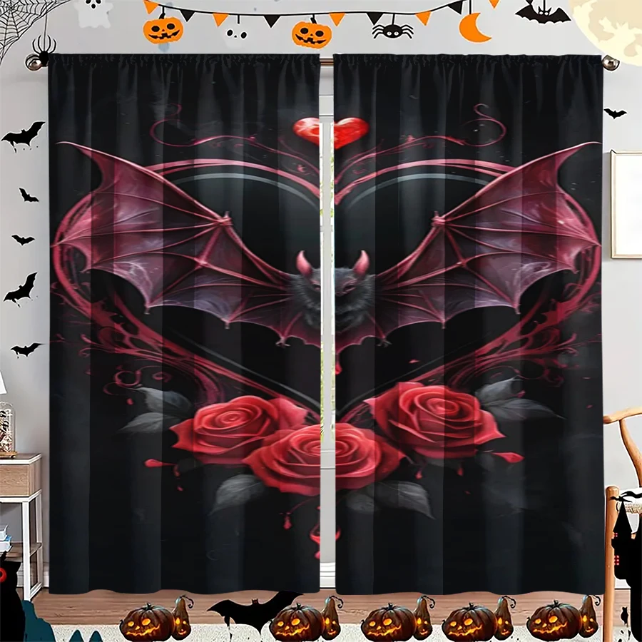 2PCS Digital Print Curtain, Red Bat Wing Heart Rose Black, Gothic Romantic Dark for Living Room Bedroom Kitchen Window