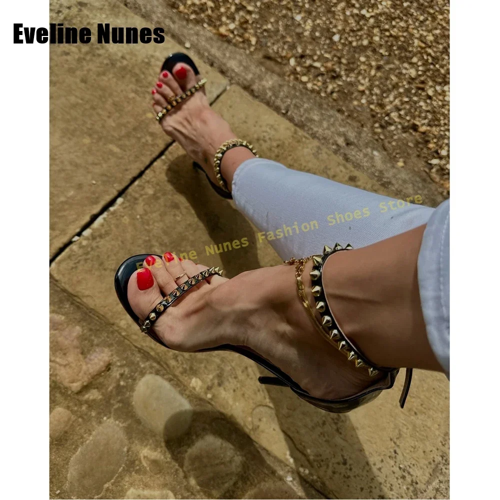 

Ankle Strap Rivet Stiletto Sandals Round Toe Thin Heels Side Air Sexy Spicy Girl Women Fashion Shoes Party Dress 2025 Summer