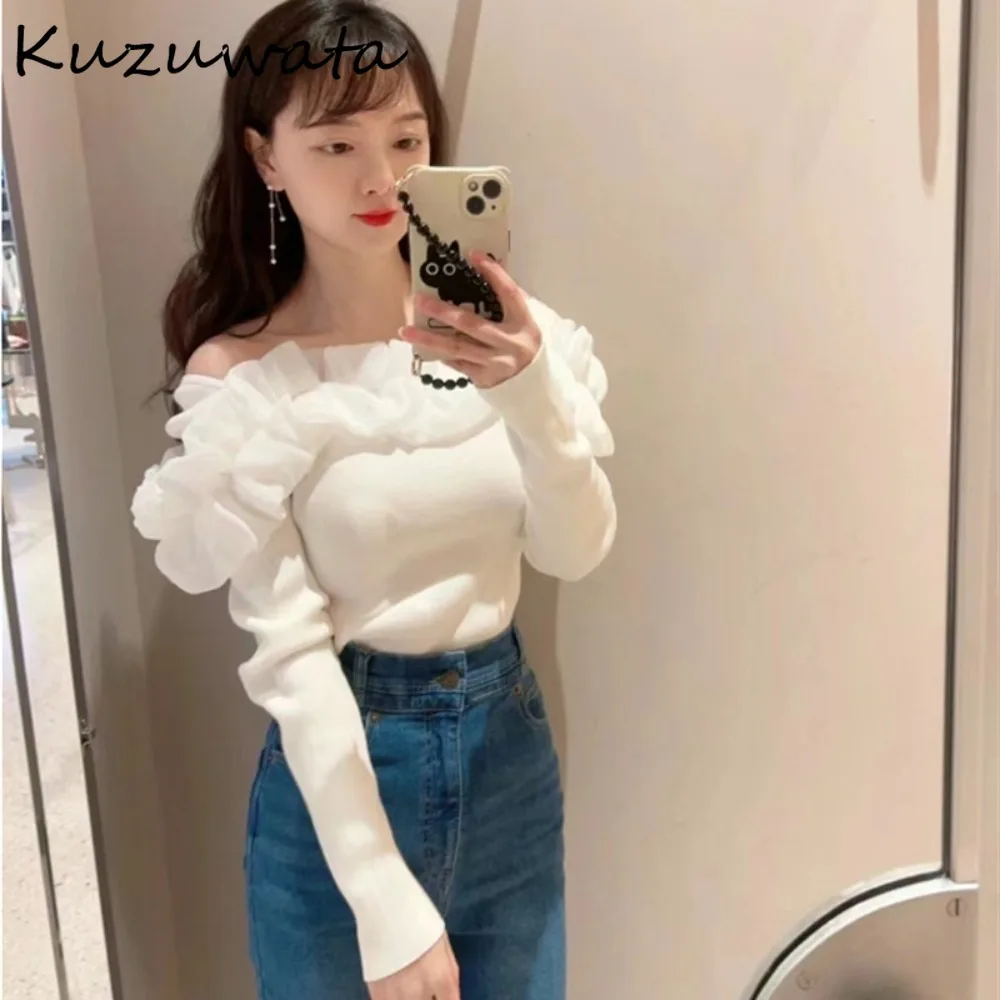 Kuzuwata Sweet Slash Neck Long Sleeve Patchwork Pullovers Solid Fungus Off Shoulder Elegant Knitted Japan Slim Fit New Sweaters