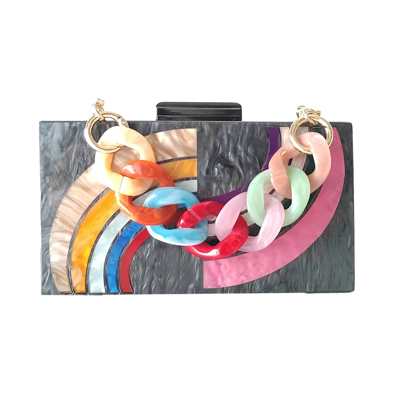 High Quality Luxury Acrylic Evening Clutch Rainbow Pattern Wallet Striped Patchwork Cosmetic Crossbody Bag Wedding Party Handbag