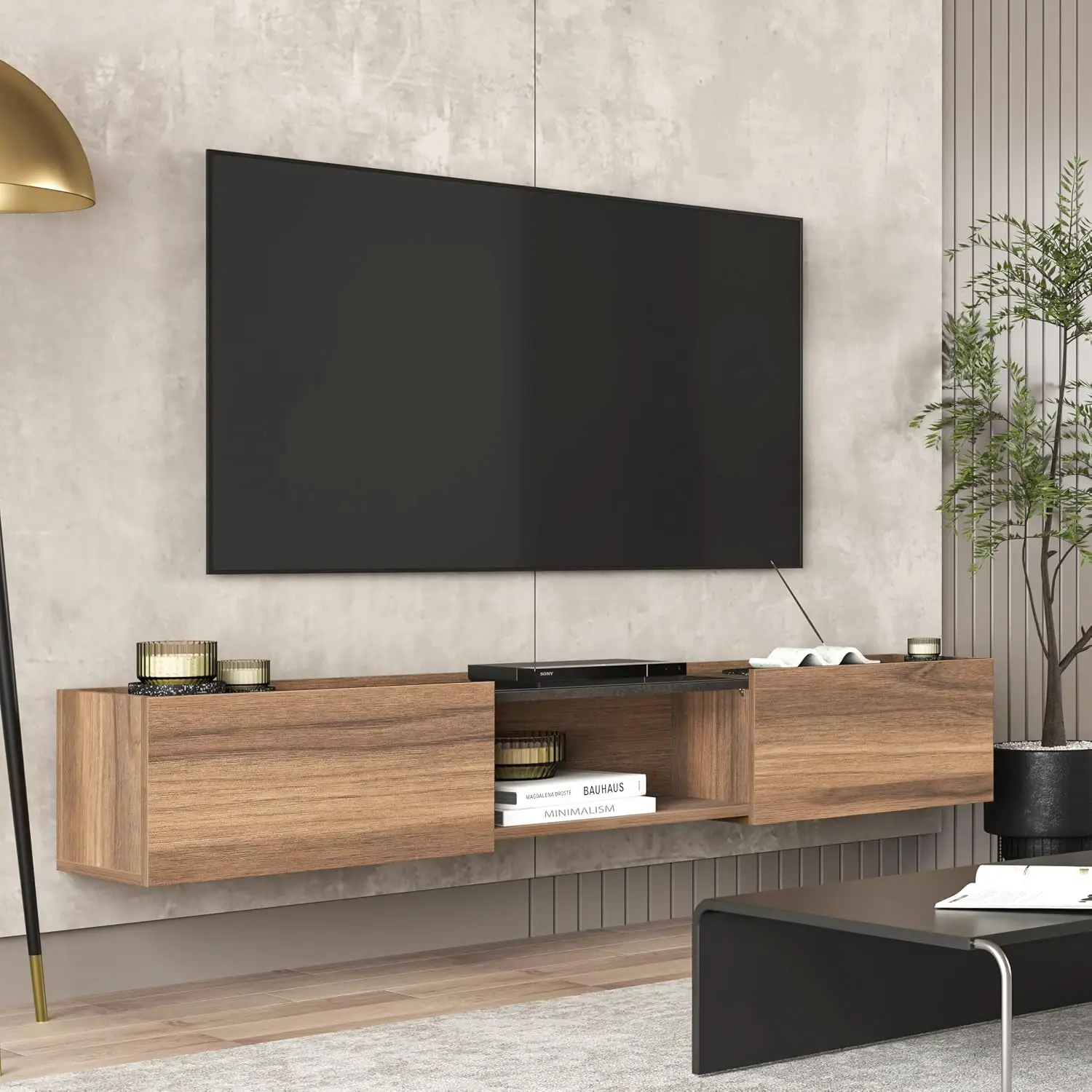 Atelier Mobili Floating TV Stand 65 Inch TV, Wall Mounted Media Console, Mid Century Modern Media Console, Walnut, Customized