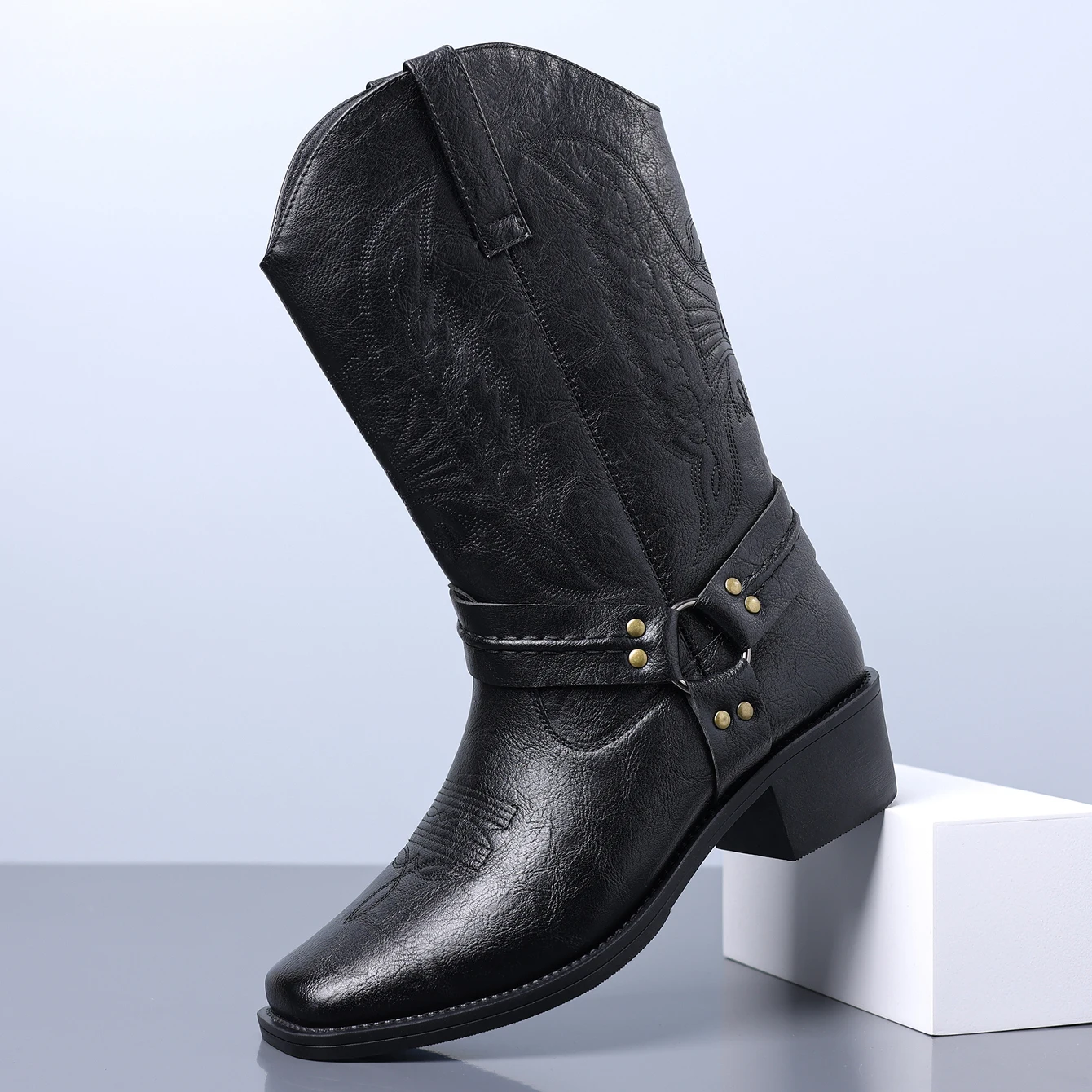 QRLQRL Men's Western Cowboy Vintage PU Leather Square Toe Mid Calf Boots Metal Strap Chunky Heel Motorcycle Riding Boo