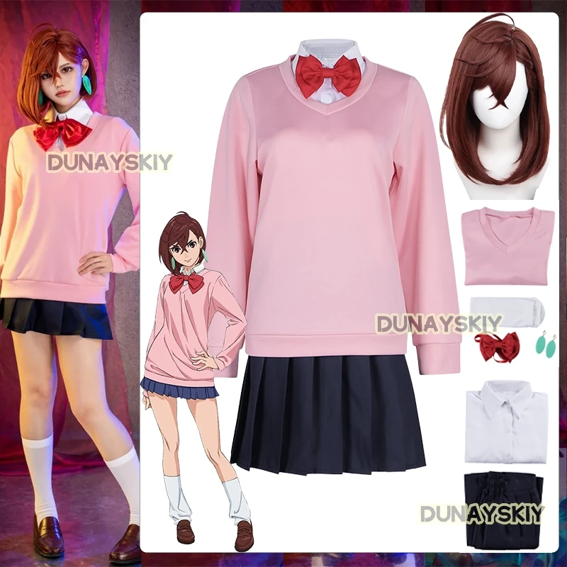 Momo Ayase Cosplay Costume Anime Dandadan Momo Ayase Role-playing Clothes School JK Uniform Earrings Pink Sweater Skirt Set