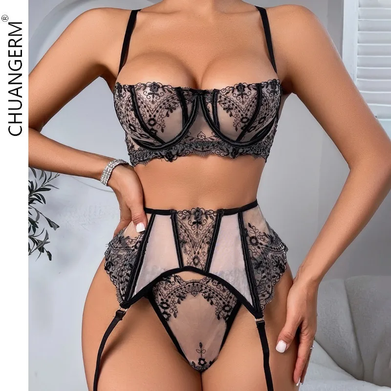 

CHUANGERM Sexy Lingerie Floral Embroidery See-through Mesh Women's Three Piece Suit Set Woman Offer Erotic Intimates Underwear