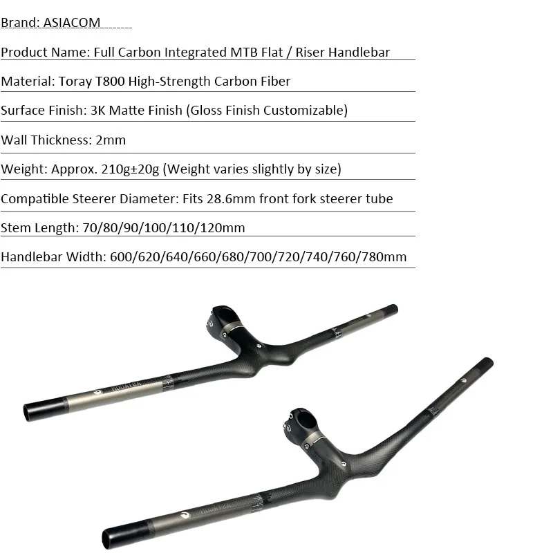 ASIACOM Full Carbon Integrated MTB Handlebar, 3K Flat & Riser Bar, Fit Balance Bike & Mountain Bike