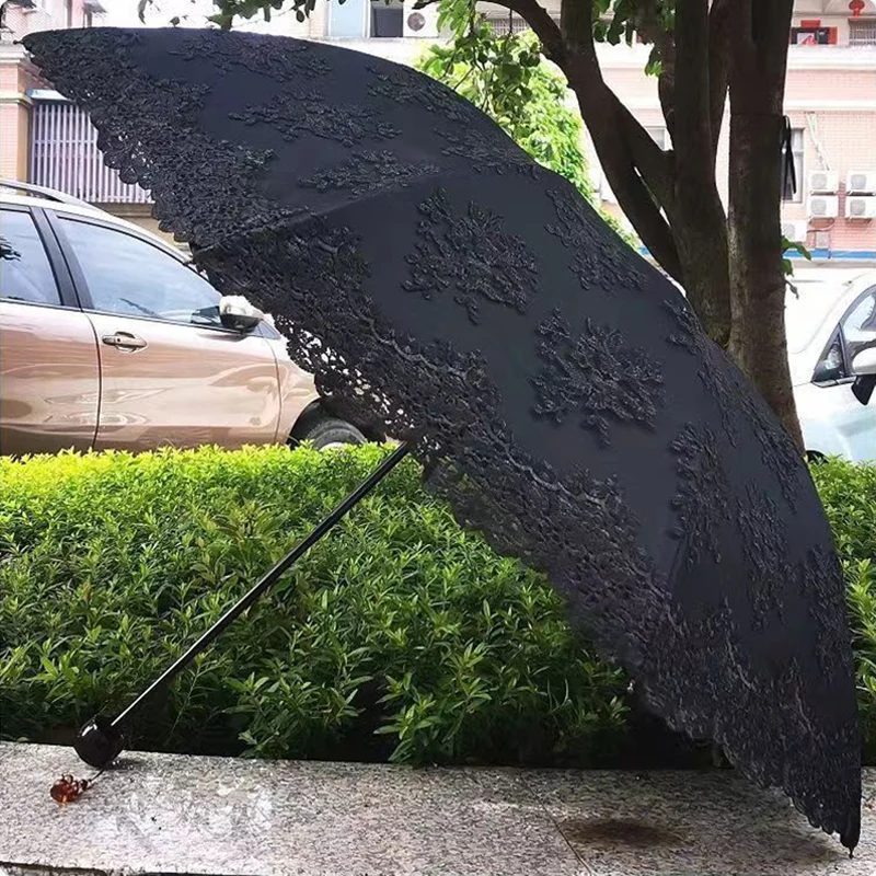 

2 3 Fold Fashion Princess Lace Woman Umbrella Sunshade Wind Resistant Sunblock Sunny Rainy Parasol Double Layer Luxury Gift