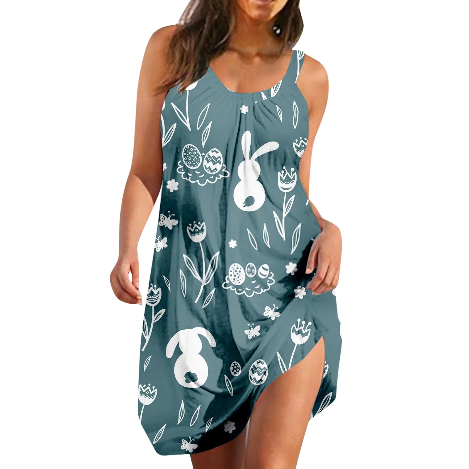 

Easter Summer Tank Vest Dress Women Sleeveless Rabbit Egg Pattern Boho Casual Swing Spaghetti Strap Dresses Loose Beachwear