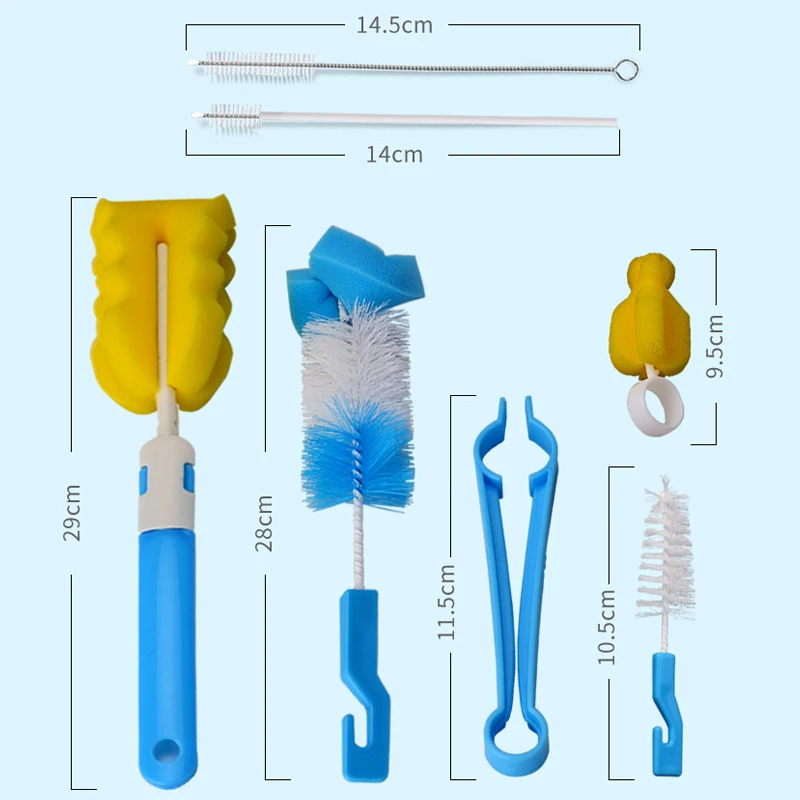 Baby Bottle Brush Set, Mamilo, Rotação de 360 Graus, Esponja Limpa, Bico, Cup Brush Kit, Garrafa Limpa Ferramenta, Presentes do Bebê, 7Pcs por Conjunto