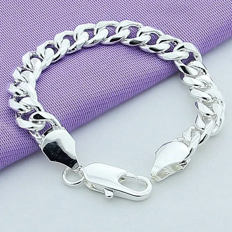 

CHUANGCHEBG Hiphop Style 8 Inch 10mm Flat Edge Cuban Chain Sideways Men's Bracelet 925 Sterling Silver Fashion Jewelry