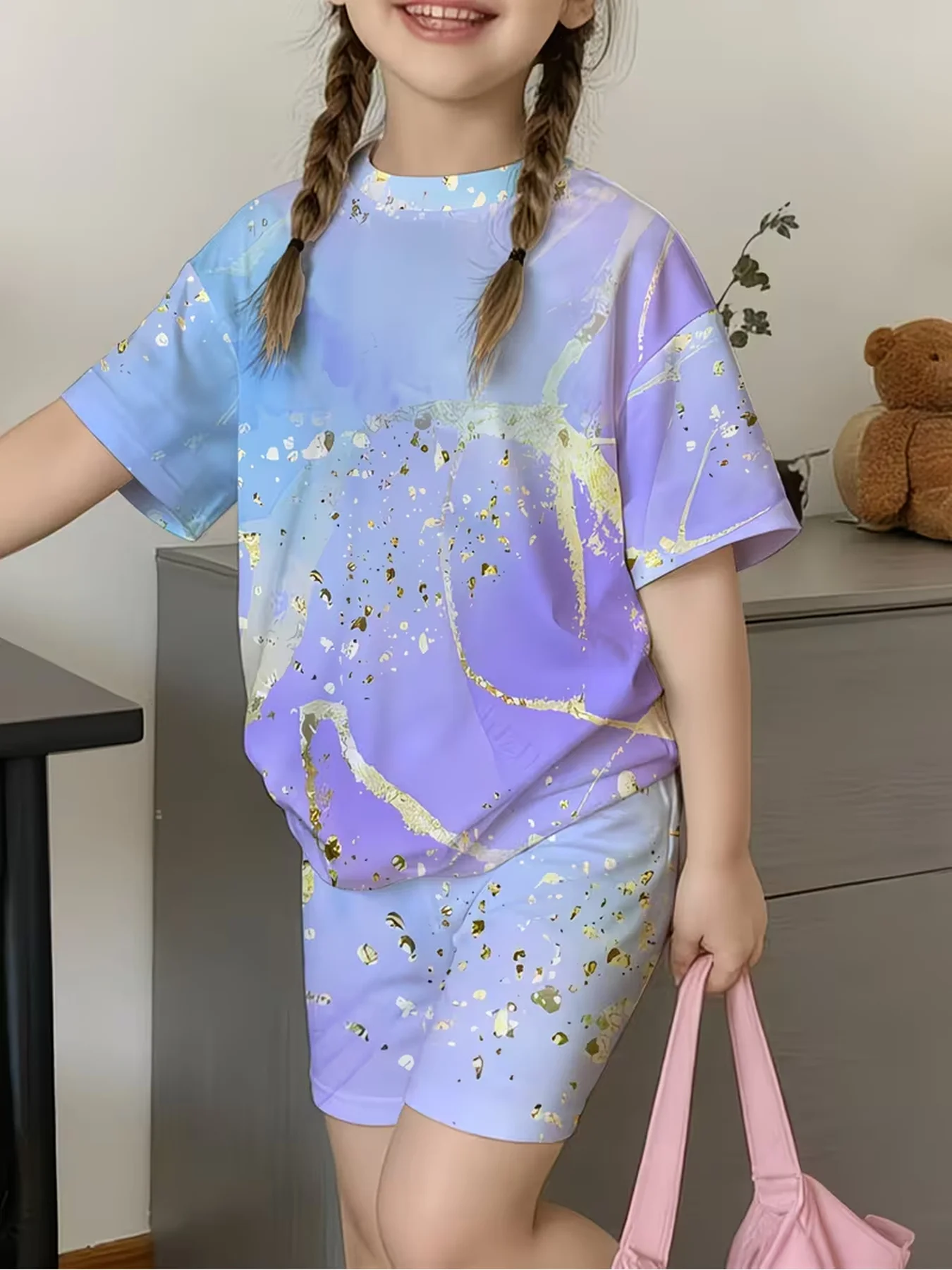 Casual and elegant summer girls' blue purple gradient gold foil dyed printed short sleeved T-shirt+elastic waist shorts set