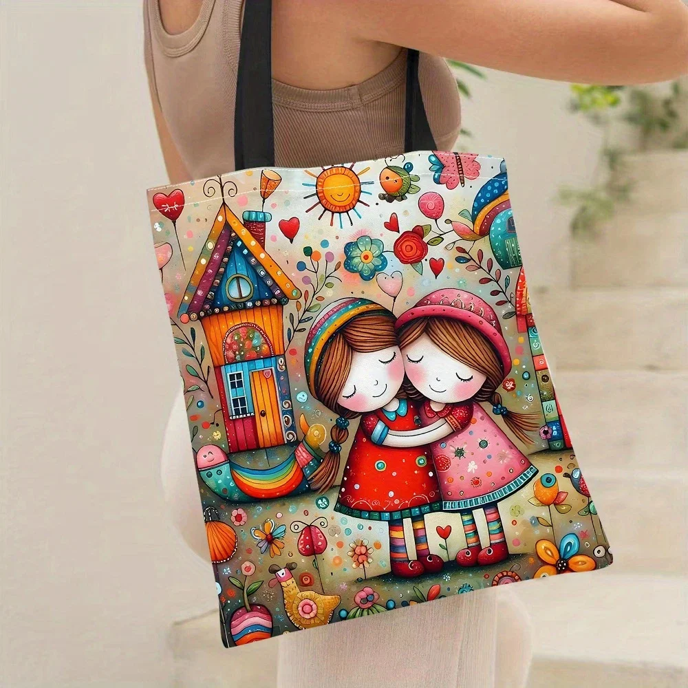 Whimsical Fairy Tale World Print Tote Bag Vibrant Mixed Colors Reusable Foldable Shopping Bag Fixed Shoulder Straps