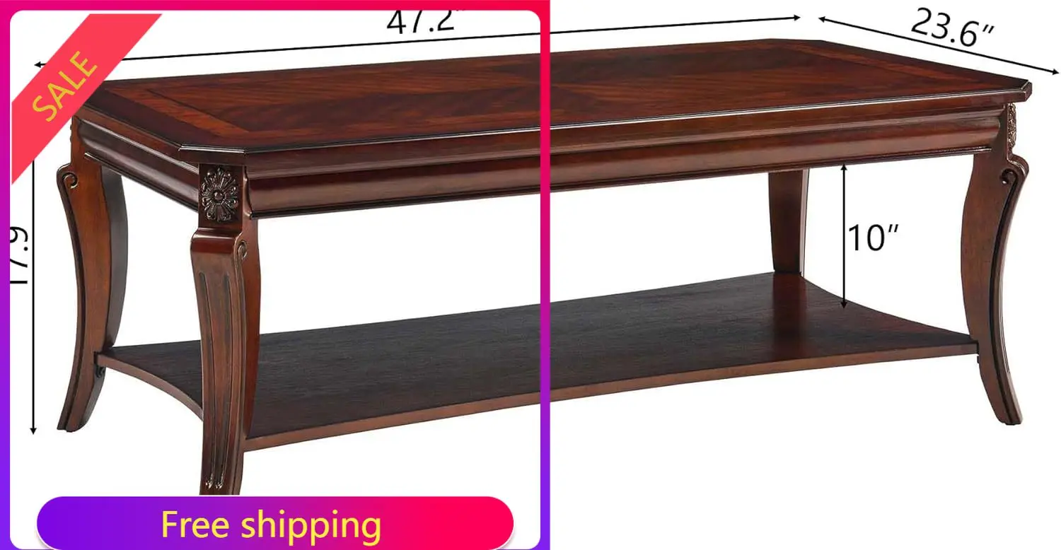 

Rectangle Coffee Table for Living Room, Solid Wood Coffee Table with Storage Shelf, Traditional Distressed Farmhouse Style with