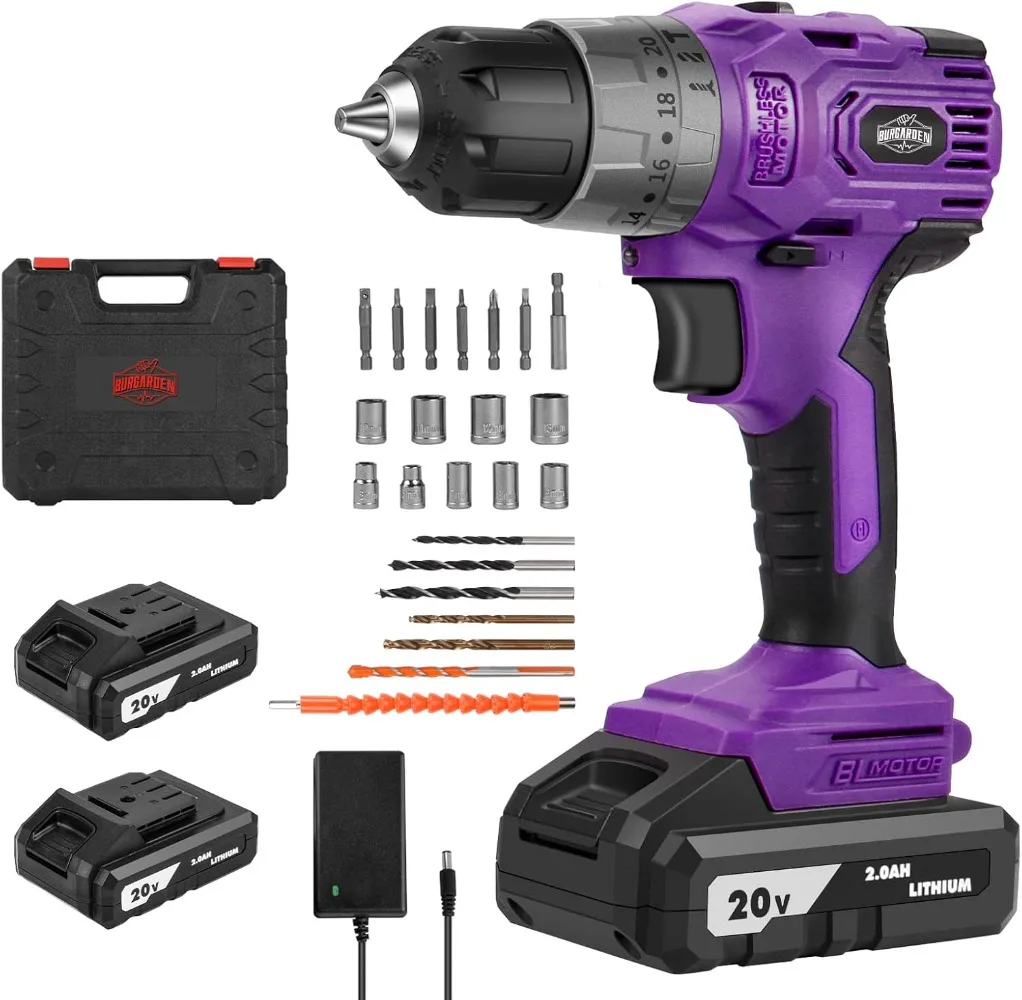 

Brushless Cordless Drill Set, 20V Compact Power Drill Driver, Purple Brushless Electric Drill Motor, 20+3 Torque Setting,48 N.m