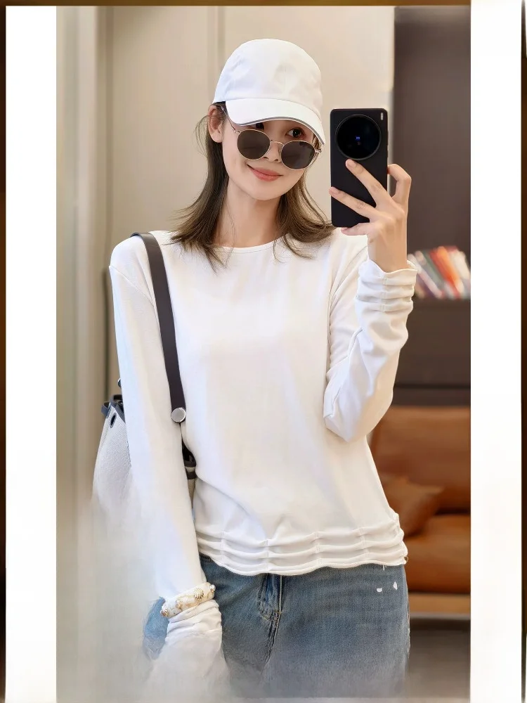 

MeiYang Romantic Casual Long Sleeve T-Shirt Women's Classic Pattern Polyester Fiber round Neck Overlap Design Daily Wear