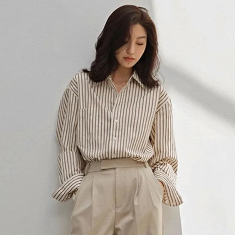 

Классическая женская полосатая рубашка нового стиля, шикарный и модный дизайн, свободный универсальный топ с длинными рукавами