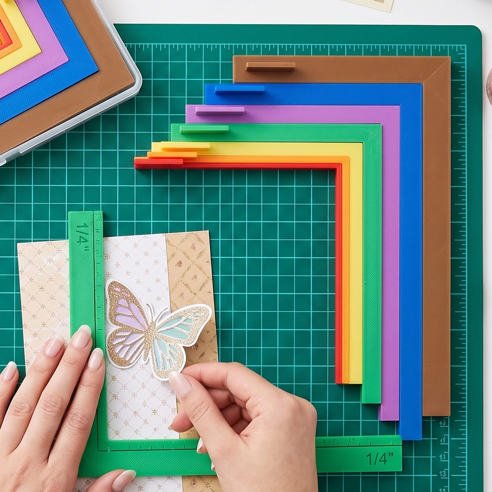 7PCS Paper Crafting Alignment Guides with Storage Case Color Coded Layering and Matting Spacers for Card Making Scrapbooking