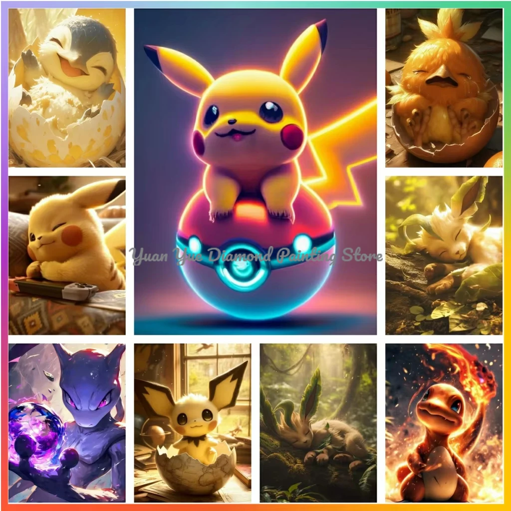 1 pieza de pintura de diamantes sin marco, kits de manualidades de dibujos animados de Pokémon, mosaico de diamantes de imitación de imagen redonda completa