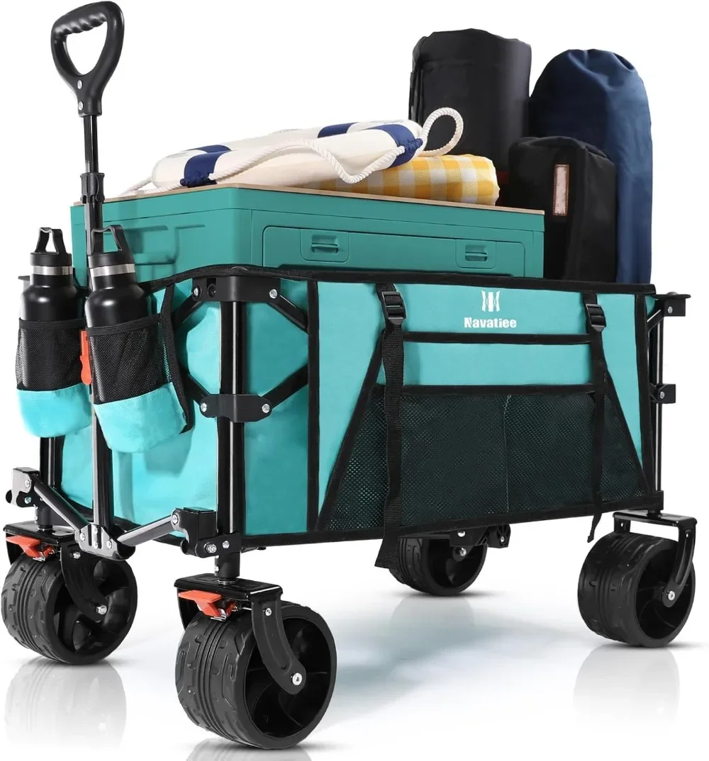 

Collapsible Folding Wagon, Beach Wagon Cart Heavy Duty Foldable with Big Wheels, Utility Grocery Wagon with Side Pocket