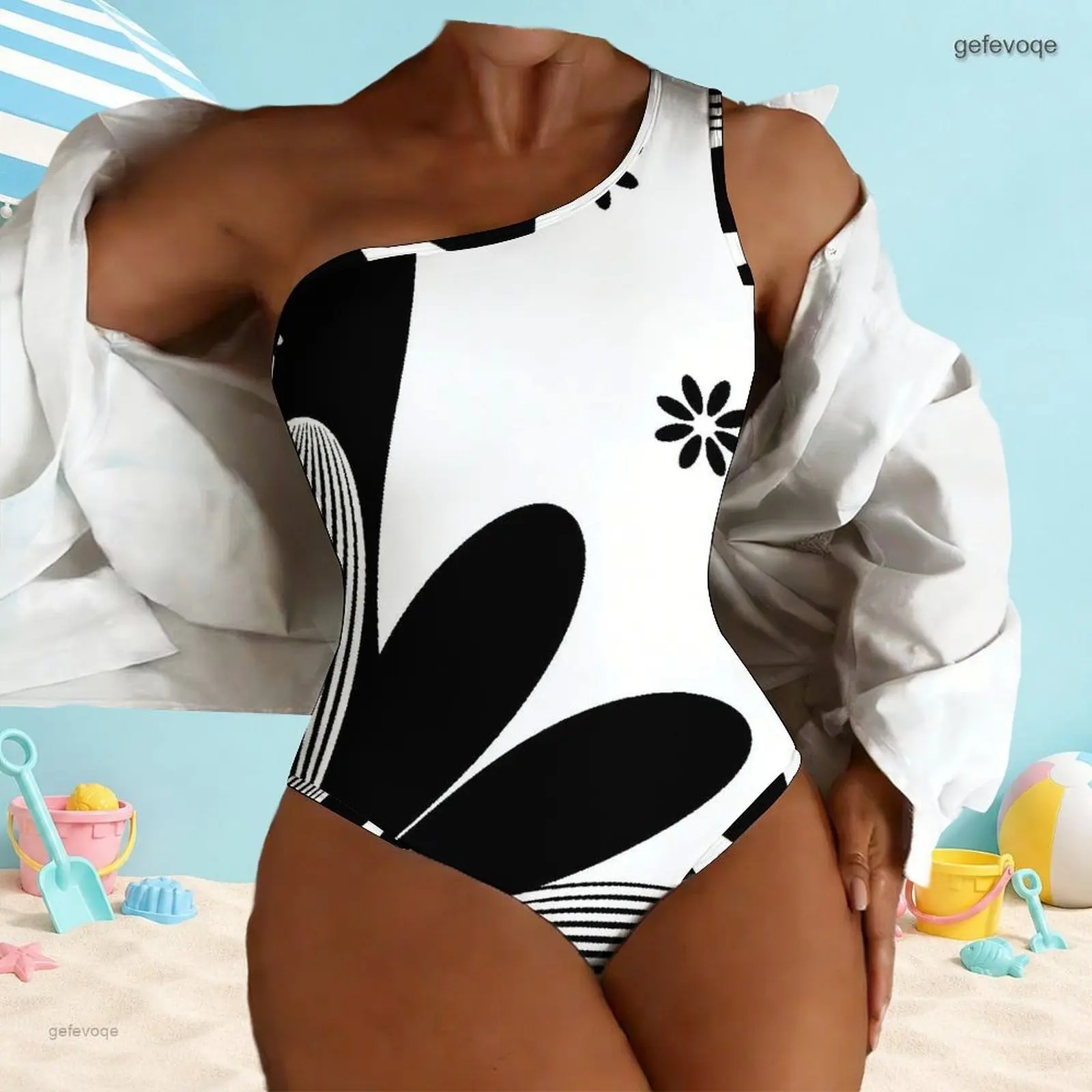 One Shoulder One Piece Asymmetric Neck Printed Swimsuit for Women