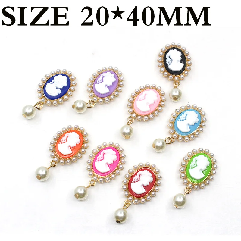 New 10Pcs 20*40MM Alloy Pearl Pandant Buttons Beauty Head Jewelry for Clothing Wedding Handmade Sewing Diy Accesorios Costura