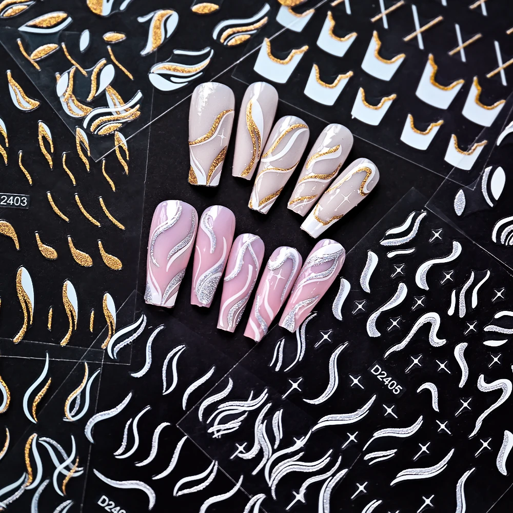 1Pc Ideas Glitter French Nails Stickers 3D Self adhesive Waves Curve White Stripes Lines Manicure Decals Silver/Gold Nails Decor