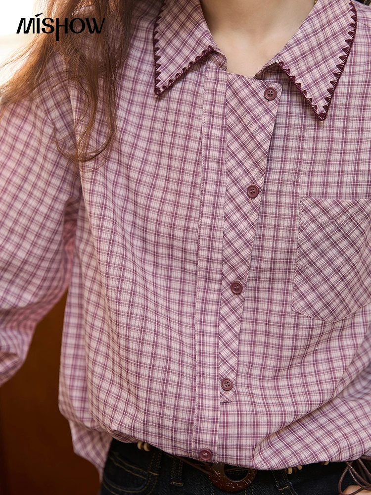 MISHOW الأرجواني منقوشة قميص للنساء خريف 2025 التباين التطريز غير النظامية بلاكيت قميص مع جيب رداء علوي غير رسمي MXE44C2394 #3