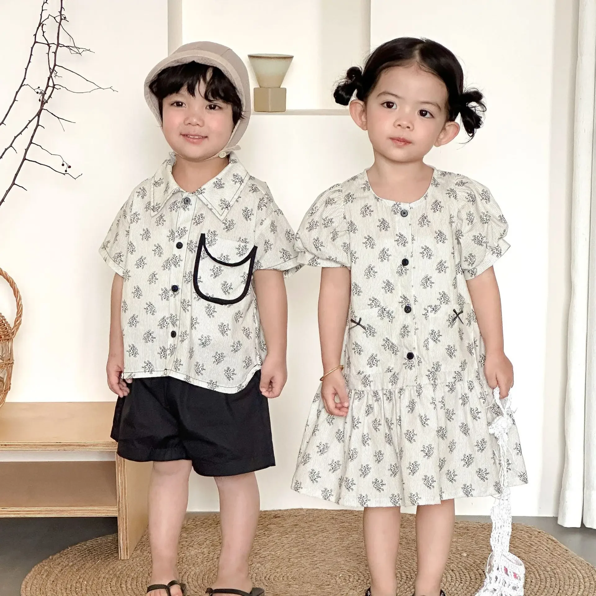 2026 Summer New Children Short Sleeve Clothes Set Boys Shirts Shorts 2pcs Suit Girls Floral Dress Brother And Sister Clothes