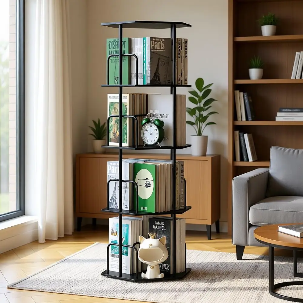 

4-х уровневая шестиугольная вращающаяся книжная полка, 360° ° Вращающееся хранилище для гостиной, офиса или спальни