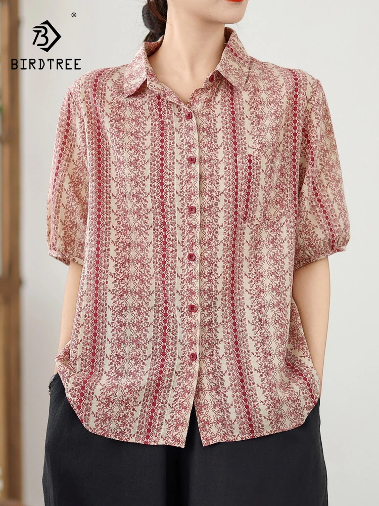 

New 2025 Summer Cotton Short Sleeve Shirt, Women Turn-down Collar Print, Mori Girl Retro Casual Versatile Loose Blouse T55916CC