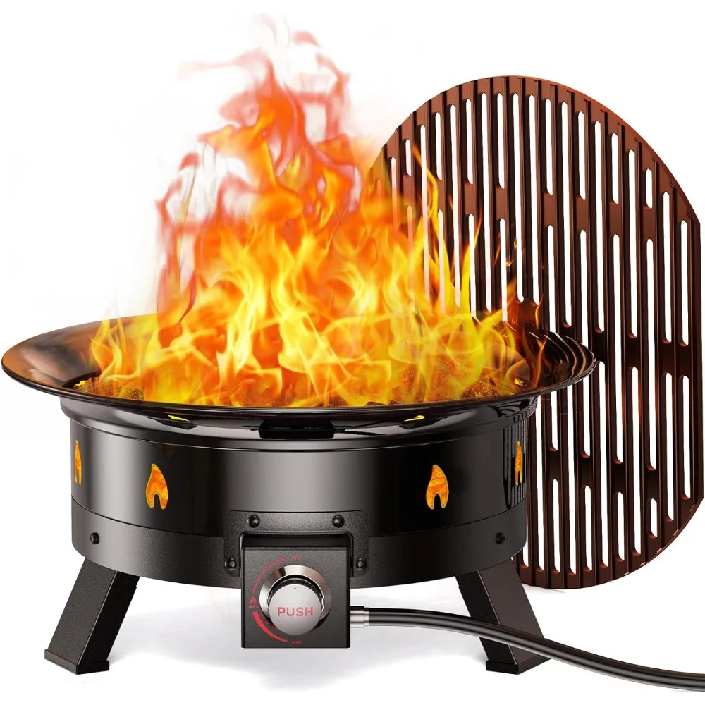 

Large Propane Fire Pit 24 Inch, Gas Fire Pit with Grill Grate, Folding Legs, Hose Hooks, Propane Tank Holder