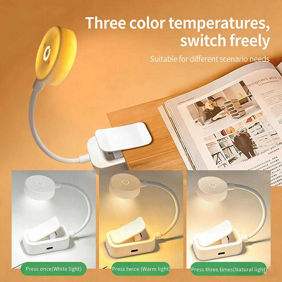 

LED Night Light Clip On Book Lamp Rechargeable Portable Bedroom Reading Light 3 Colors Eye Protection Dimmable Mini Desk Lamp