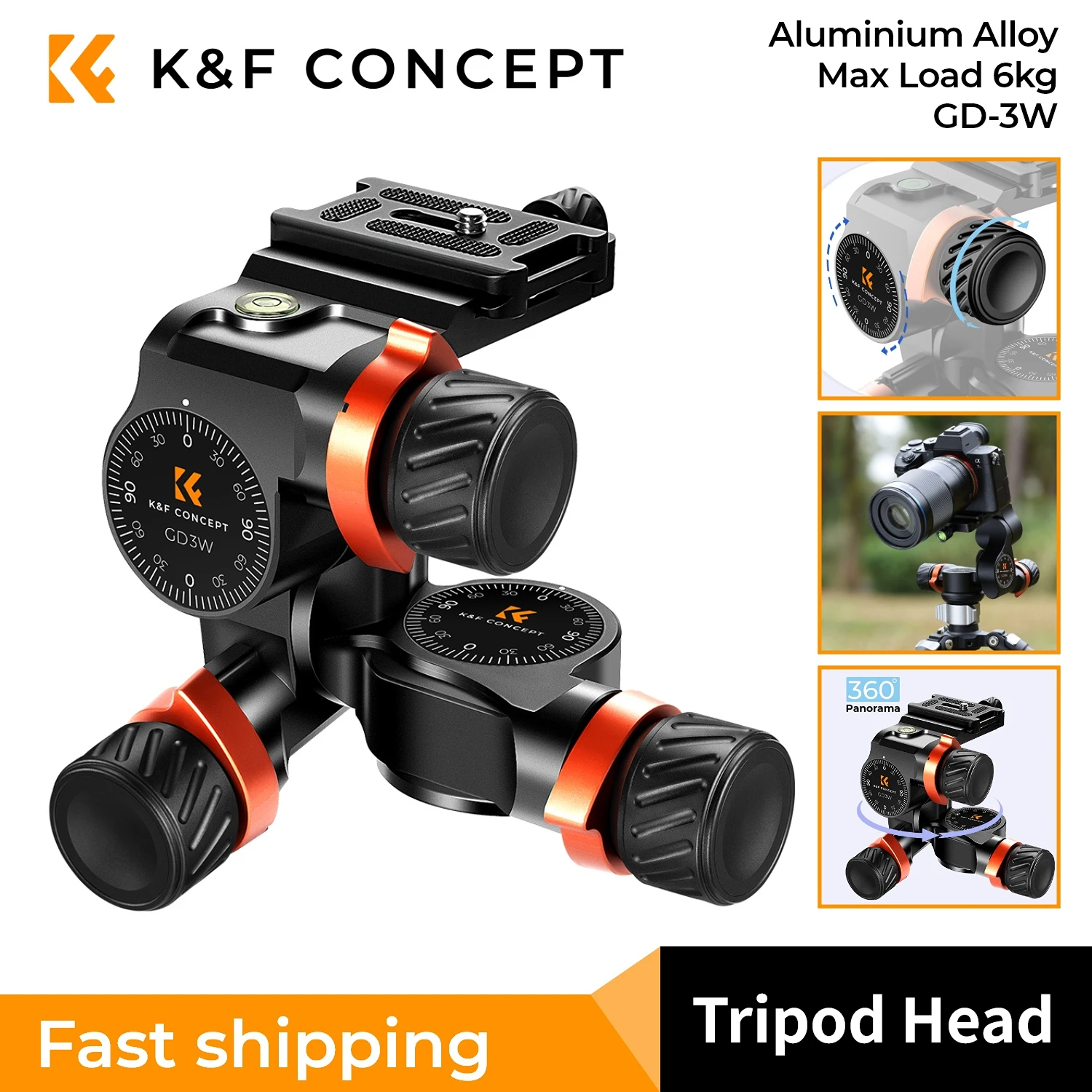 K&F Concept 3-Way Geared Tripod Head Aluminum Alloy High Precision Fluid Head Load Capacity 13.2lbs/6kg for Photography Camera