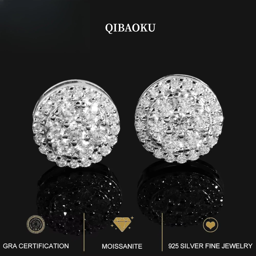 QIBAOKU GRA Moissanite Earrings 100% S925 Silver 18K Gold Plated Round Ear Studs for Women Men Hiphop Gifts Jewelry 2026