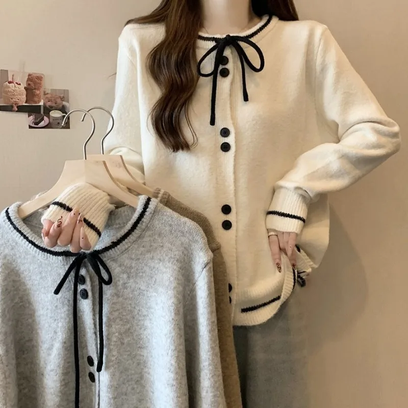 Korean Simplicity Sweet Commute Unique Design Bowknot Lace Show Off Weight Loose Laziness Ladies\' Cardigan Autumn Winter 2024