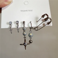 6PCS SET Punk Safety Pin Reflective Beads Irregular Zircon Cross Pendant Earrings For Women Men Grunge Y2K Charm EMO Accessories
