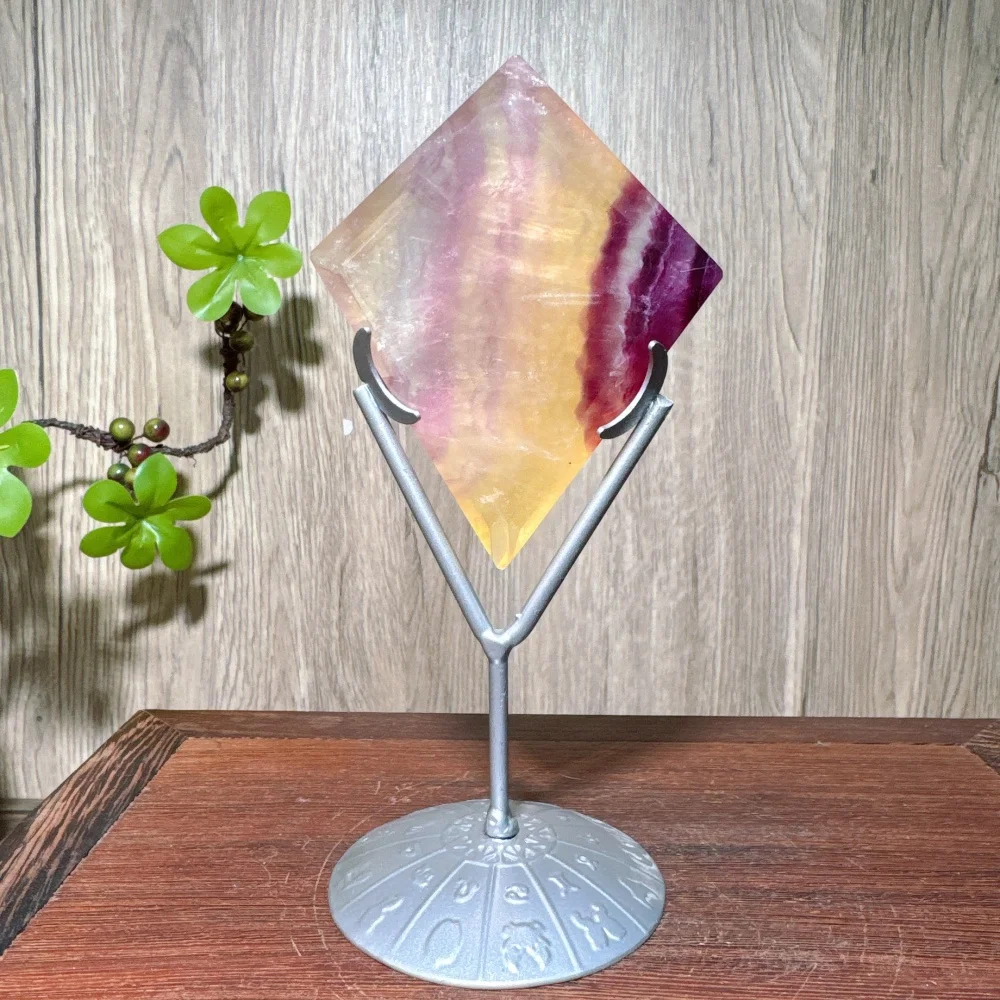 Natural Rainbow Suger Fluorite Green Fluorite Rhombus Shaped Ornaments Magic Mirror Diamond Crystal Handcraft Ornaments +Stand