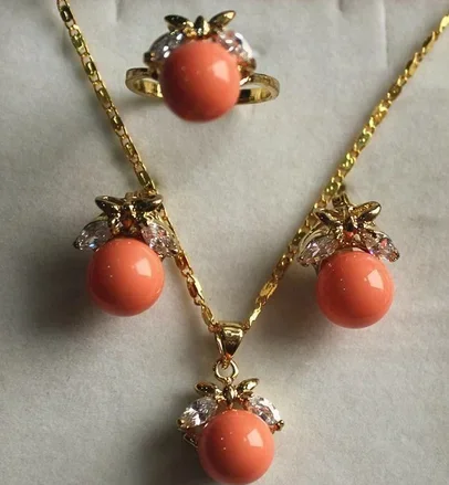 

fancy jewelry set 10mm orange shell pearl,ring, pendant & stud earring