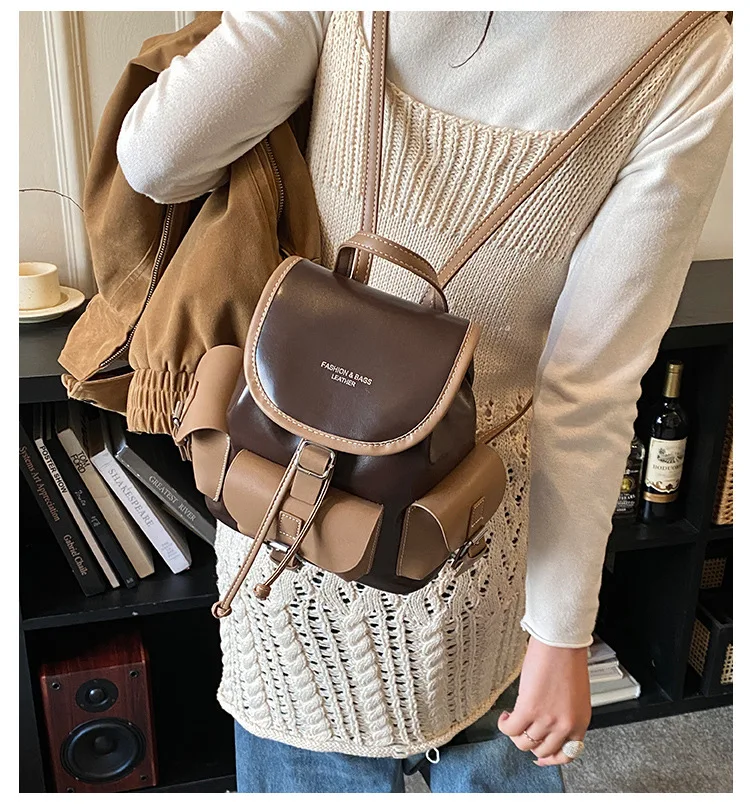 Women Mini Backpack Korean Vintage Color Block PU Leather School Bag Preppy Style Daily Travel Shoulder Bag