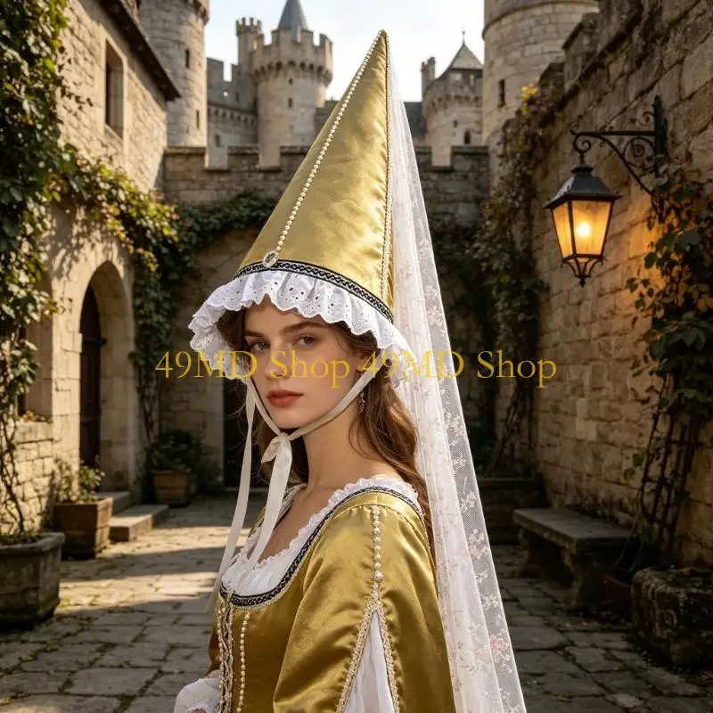 49MD Elegant Triangular Hennin Cap Polyester Cosplay Medieval Hat Perfect For Pirate Outfits And Costume Balls