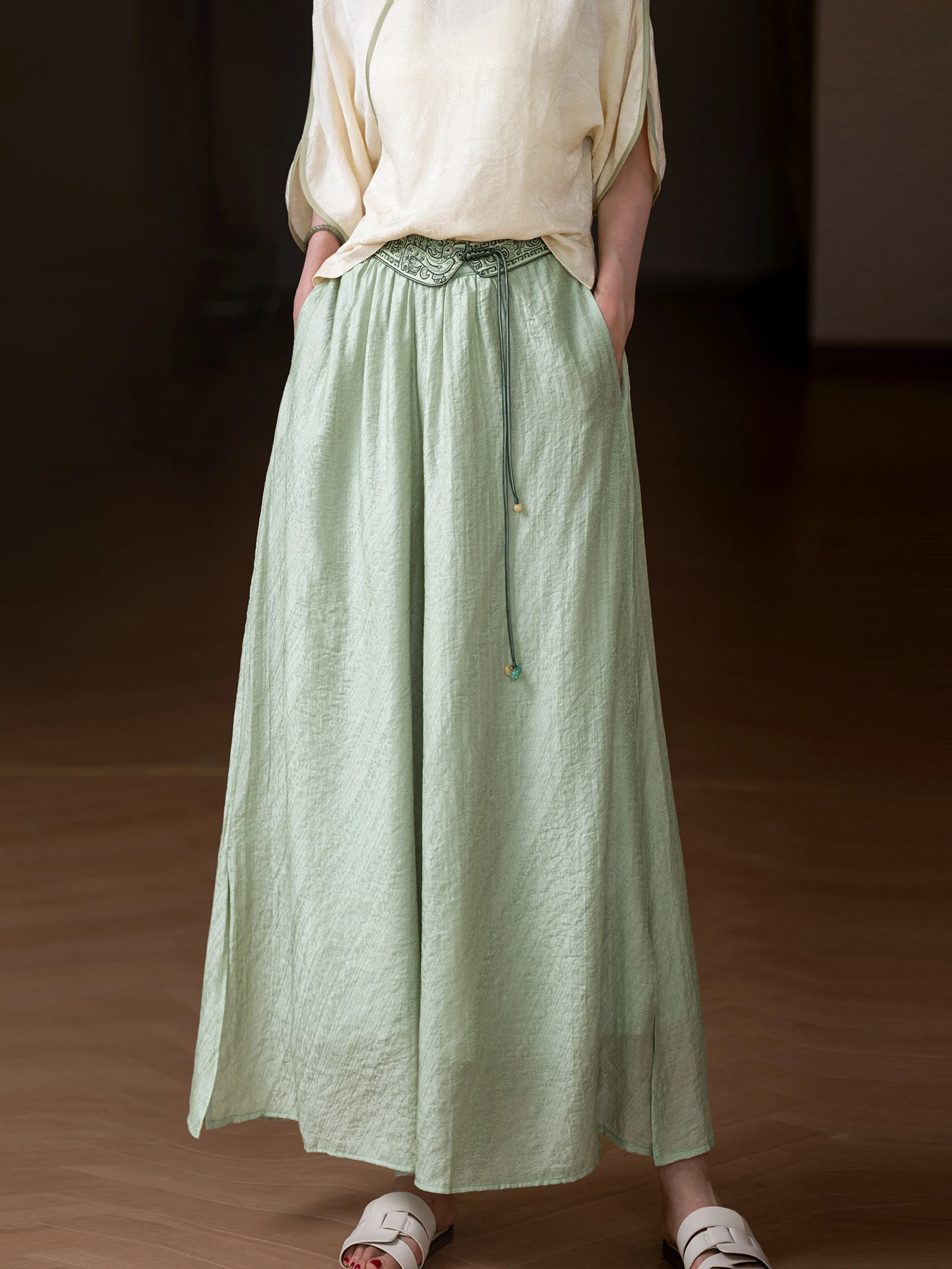 

Heavy Embroidery Waist Seal Lenzing Cotton Texture Sensation Loose Long Pants Chinese Sle Casual Pants Wide Leg Pants