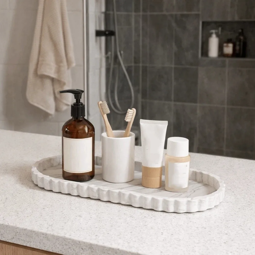 Durable Silicone Oval Storage Tray Wave Edge Marble Pattern Lace Oval Tray Decorative Tabletop Storage Shelf Living Room